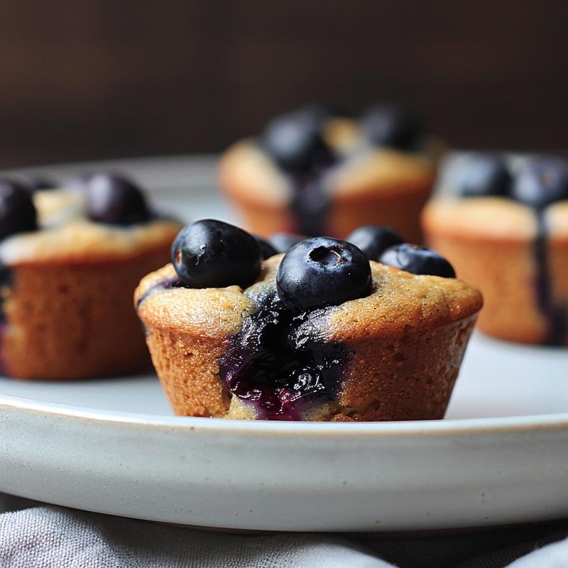 An extreme close-up of gluten-free blueberry muffins on a light grey ceramic plate, showcasing their texture.