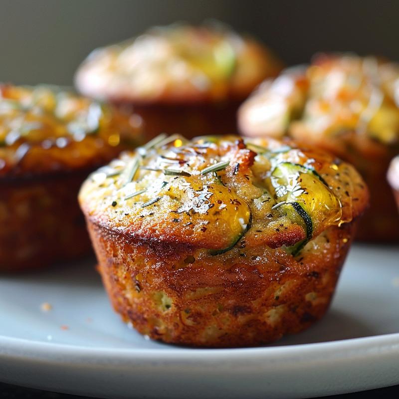 Close-up of golden-brown zucchini muffins with honey drizzled on top, displayed on a light grey ceramic plate.