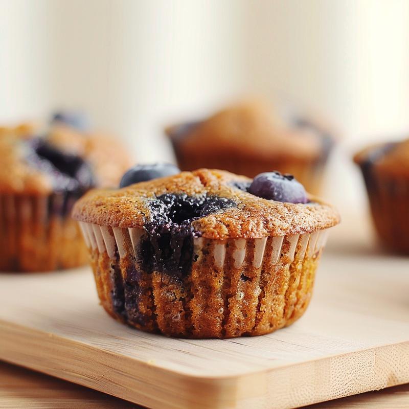 Close-up view of a freshly baked vegan blueberry muffin on a wooden board.