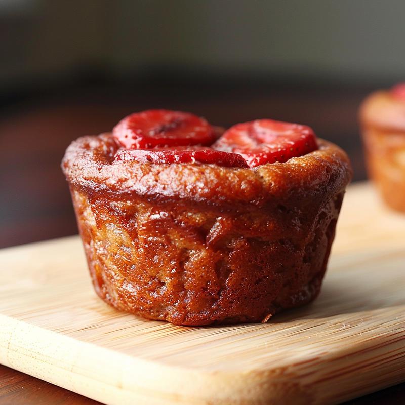 Close-up of a delicious no sugar strawberry banana muffin on a light wood board.