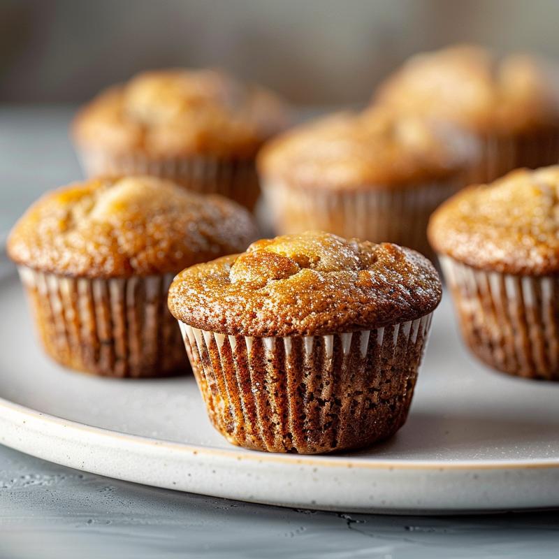 Close-up of moist sugar-free Greek yogurt muffins on a light grey ceramic plate.