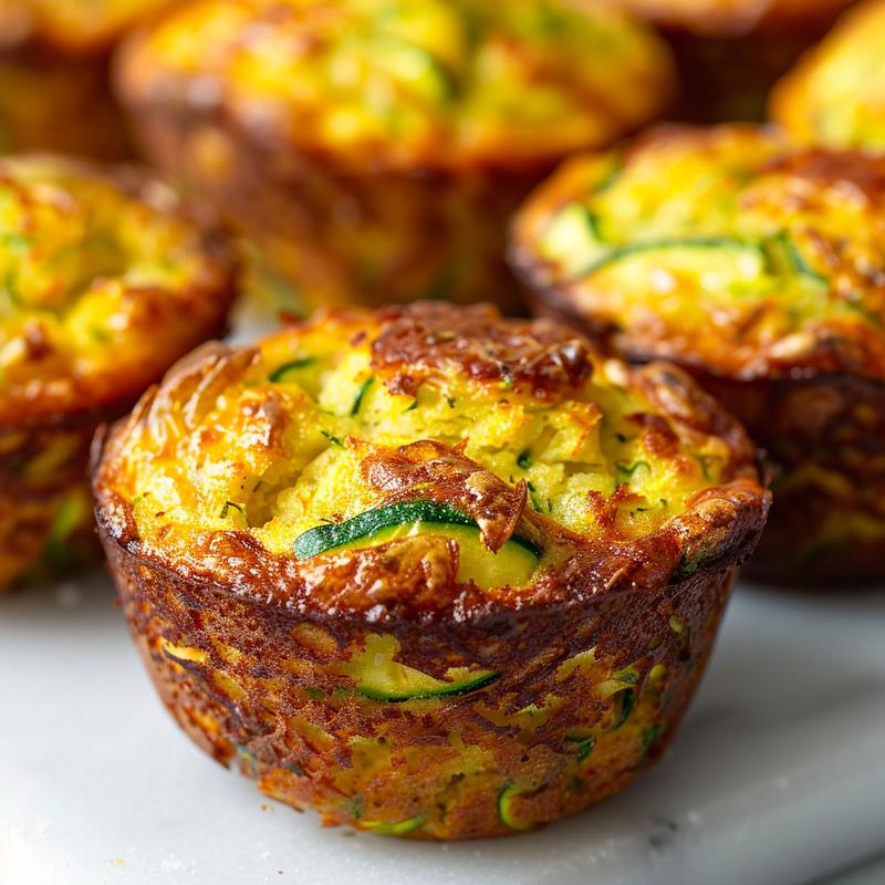 Close-up of keto savory zucchini breakfast muffins on a white marble surface.