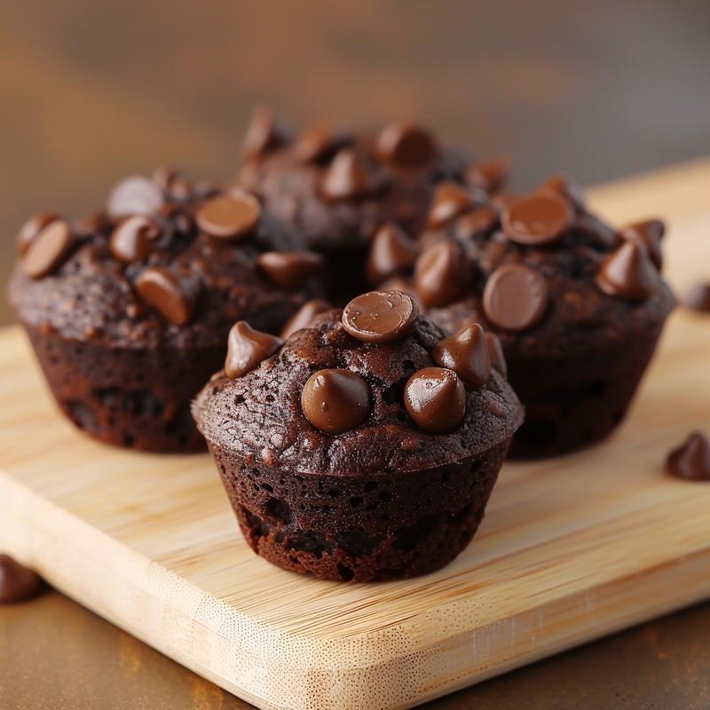 Close-up of rich, moist vegan chocolate muffins on a light wooden board.