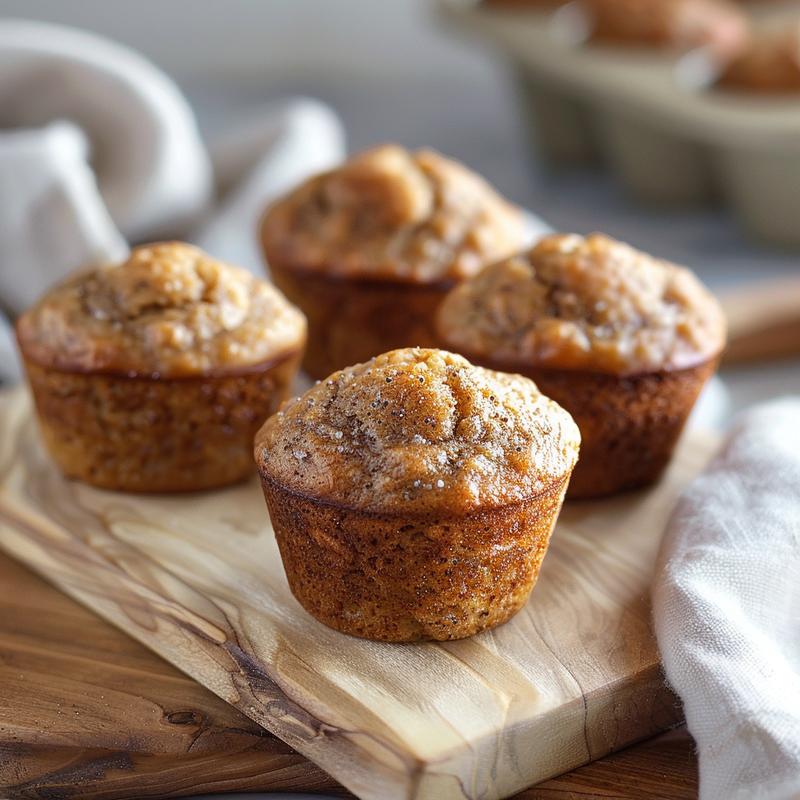 Extreme close-up of sugar free mini banana muffins on a light wood board, showcasing their texture.