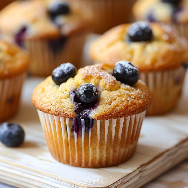 Close-up of a sugar-free lemon blueberry muffin on a wooden board.