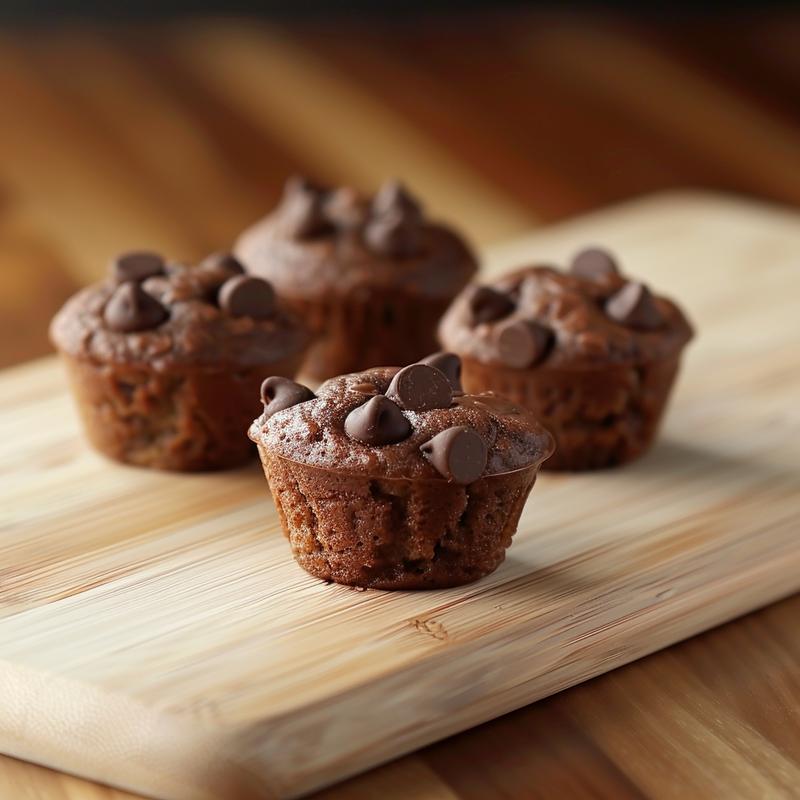 Close-up of vegan chocolate chip muffins on a light wood board with natural lighting.