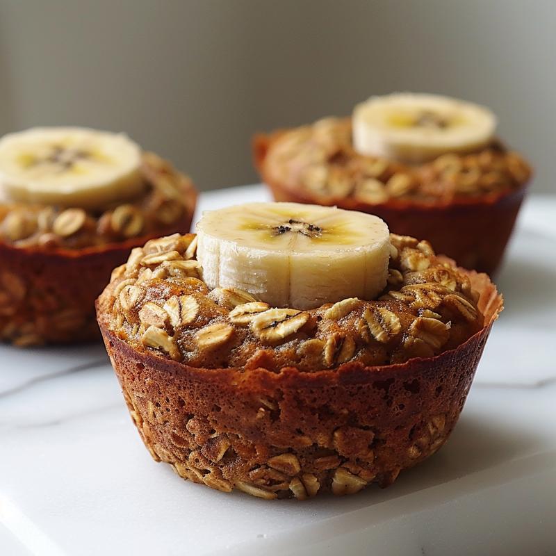 Extreme close-up of a banana oatmeal muffin on a white marble surface, showcasing texture and detail.