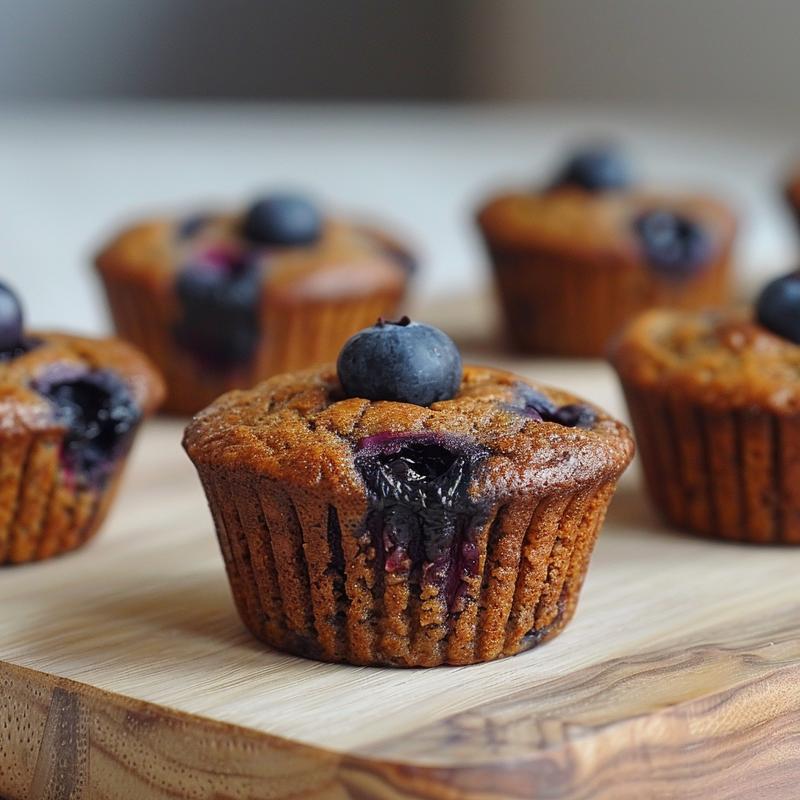 A close-up view of high protein low carb blueberry muffins on a natural wood board.