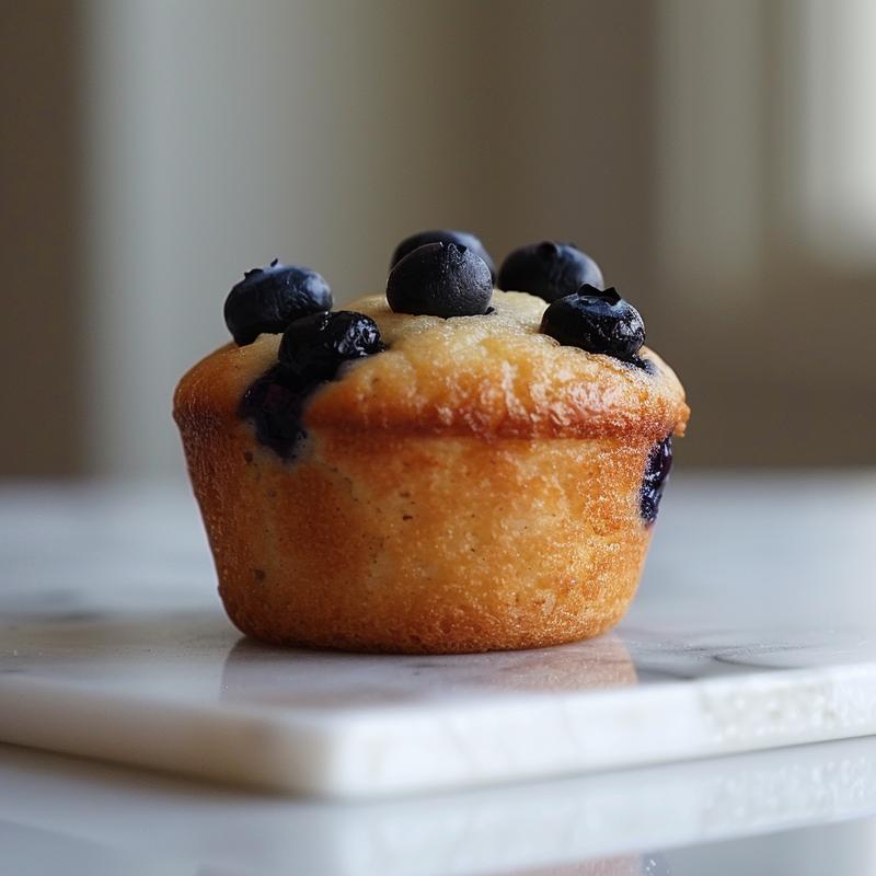 Close-up of a freshly baked lemon blueberry muffin showcasing its texture and color against a white marble background.