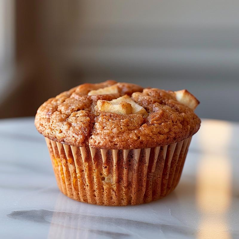Close-up of freshly baked apple toddler muffins on a white marble surface.