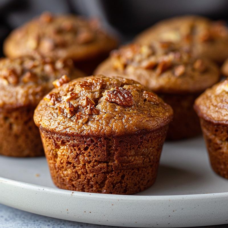 A close-up view of eggless banana muffins on a light grey ceramic plate, showcasing their texture.