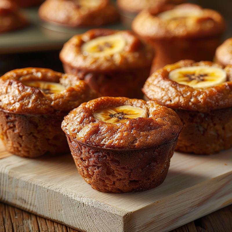 Close-up view of golden-brown eggless banana muffins on a light wood board.