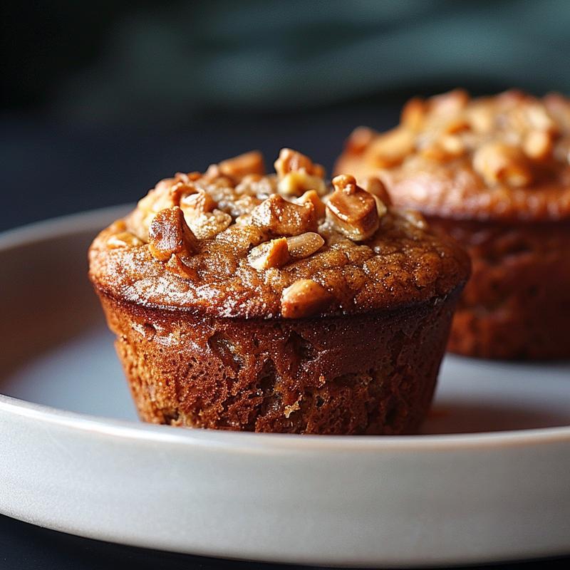 Close-up image of eggless banana muffins on a light grey ceramic plate.