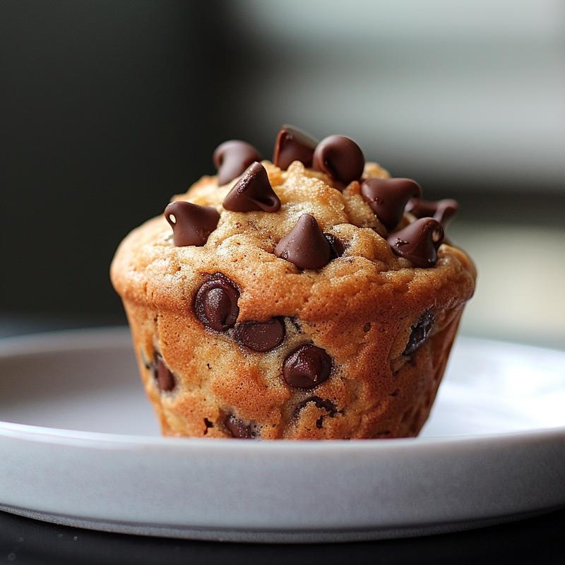 Close-up of a moist, eggless chocolate chip muffin on a light grey ceramic plate.