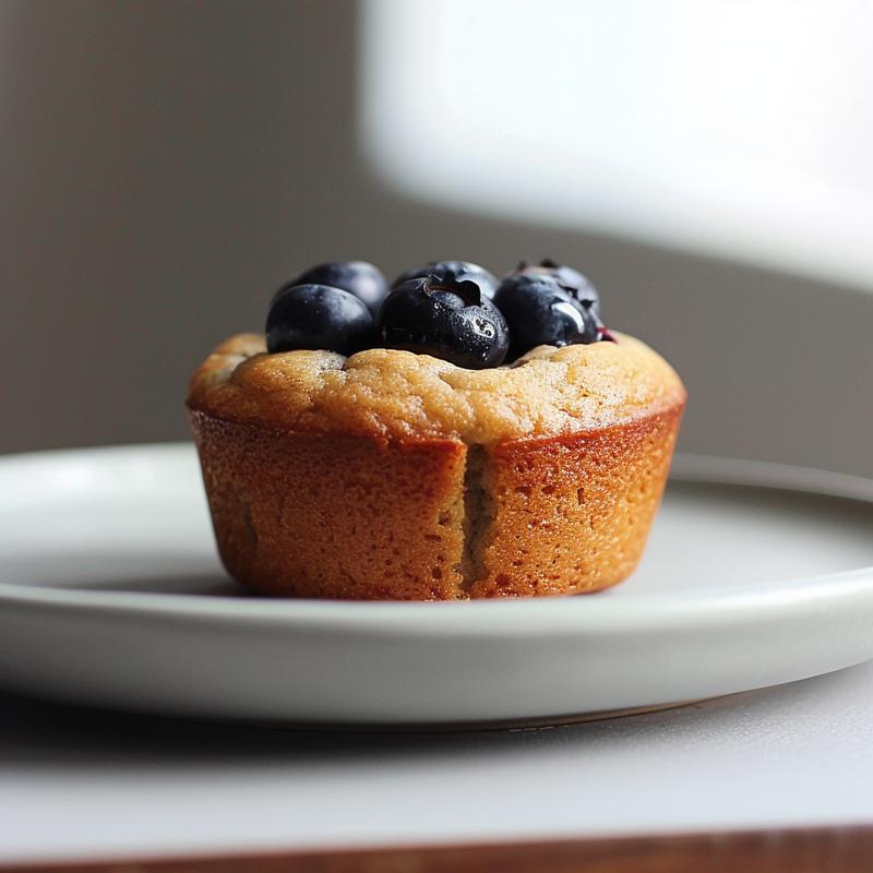 Close-up view of a moist blueberry muffin on a light grey ceramic plate.