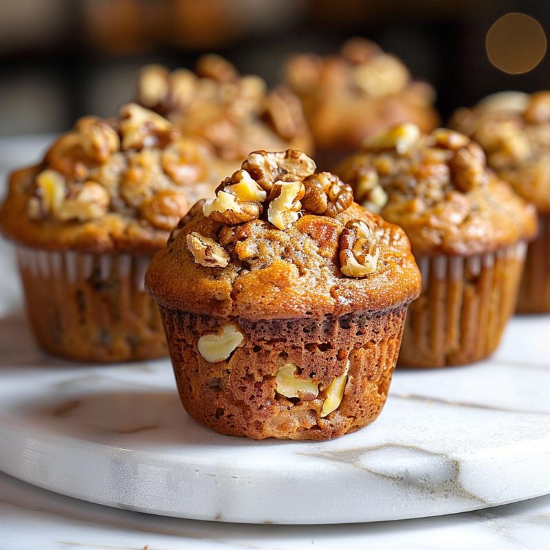 Extreme close-up of moist banana walnut muffins on a white marble background.