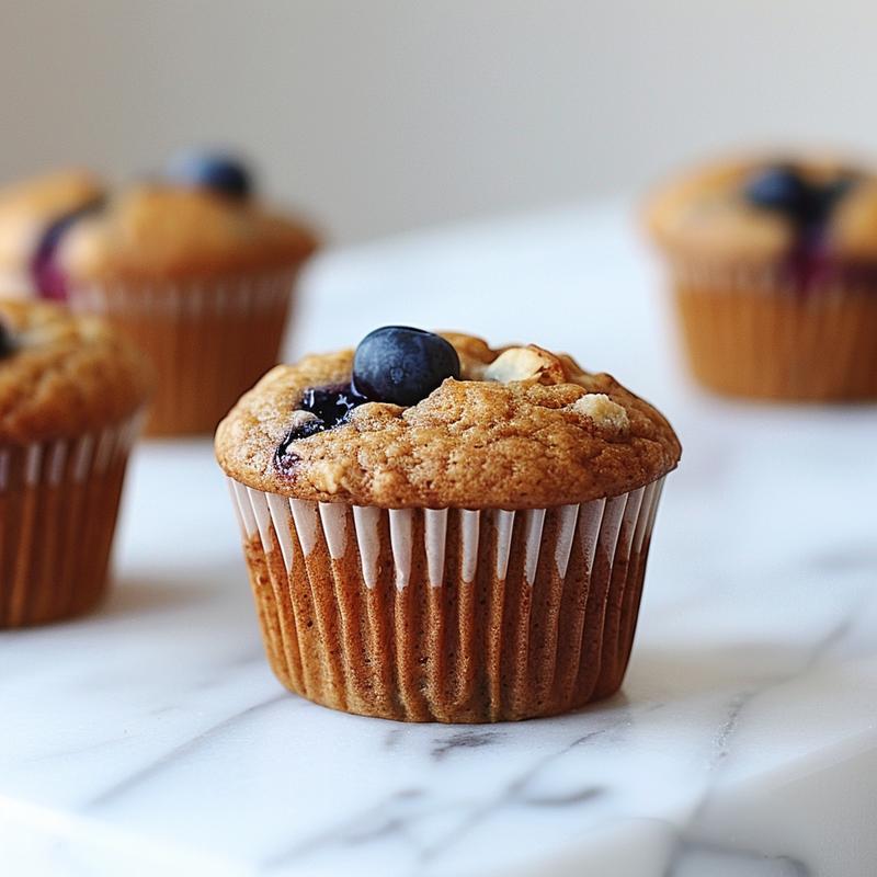 Close-up of almond flour blueberry muffins on a white marble surface.