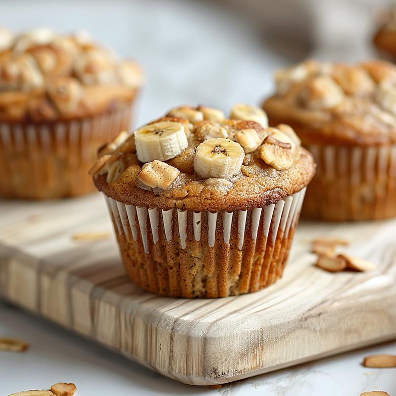 Close-up of almond flour banana muffins on a wooden board illuminated by natural light.