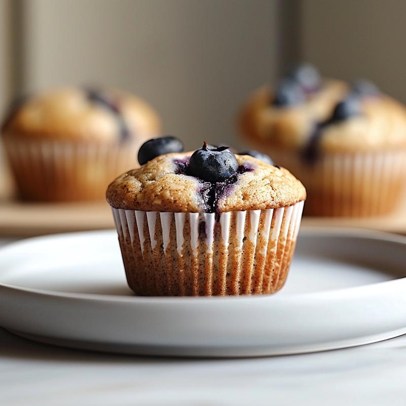 Close-up of almond flour blueberry muffins on a light grey plate, showcasing texture and color.