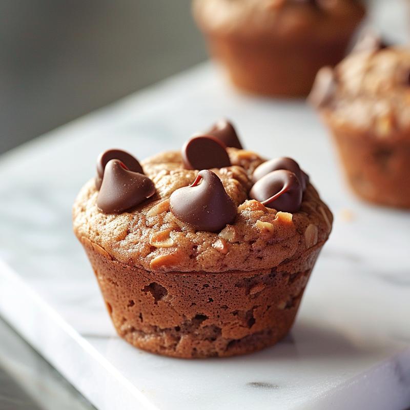 Close-up of a fluffy almond flour chocolate chip muffin on a marble surface.