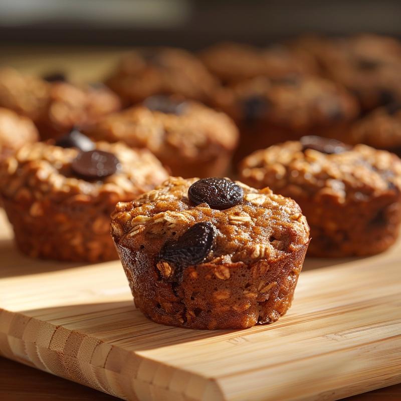 Close-up of oatmeal breakfast muffins on a light wood board, showcasing texture and color.
