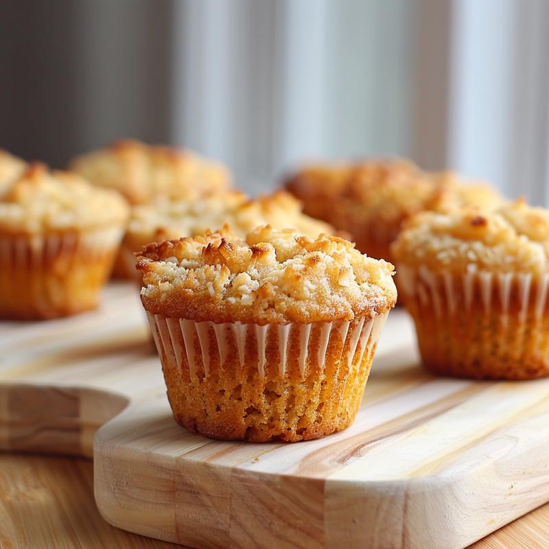 A close-up of coconut flour muffins, showcasing a moist texture and golden-brown crust on a light wooden board.