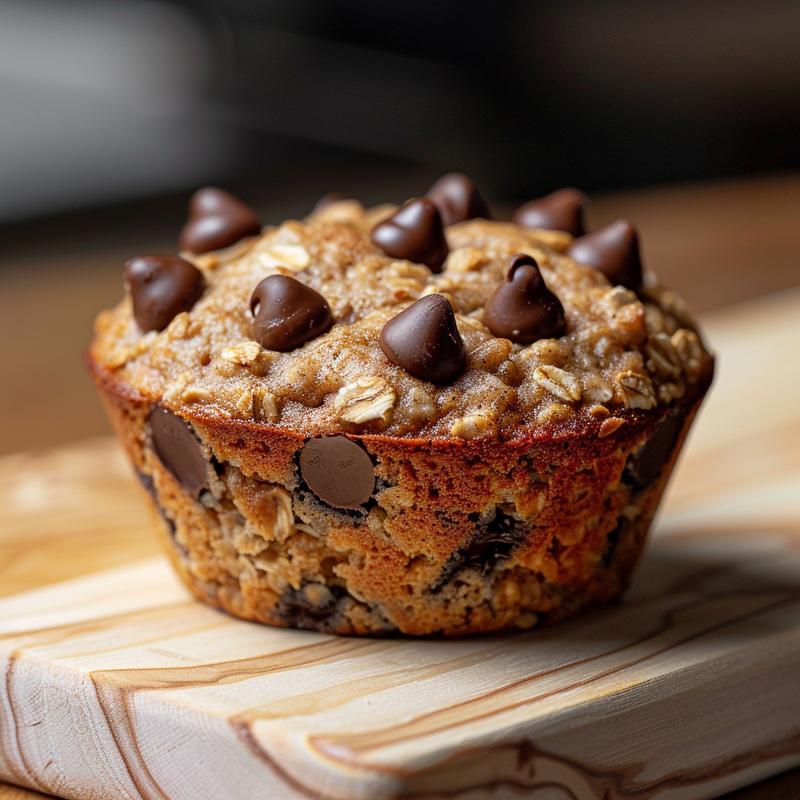 Extreme close-up of warm oatmeal chocolate chip muffins on a wooden board.