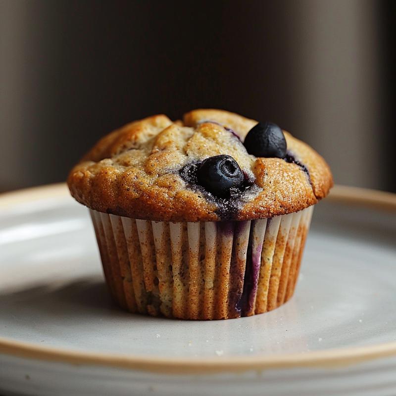 Close-up of moist almond flour blueberry muffins on a light grey plate.