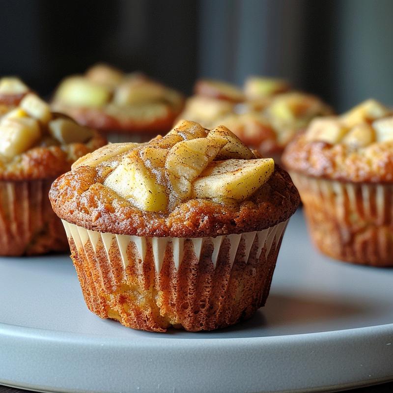 A close-up view of healthy apple cinnamon muffins on a grey ceramic plate, showcasing their texture and color.