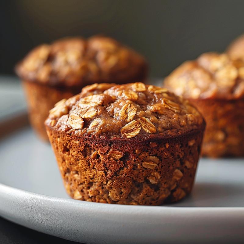 Close-up of golden brown maple oatmeal muffins on a light grey plate.