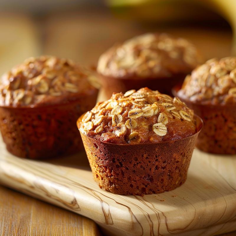 Close-up view of gluten-free banana oatmeal muffins on a light wood board.