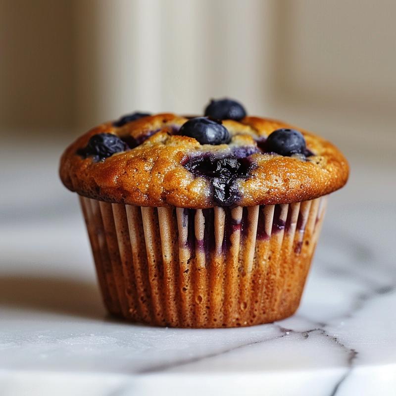 Close-up of keto blueberry muffins on a white marble surface.