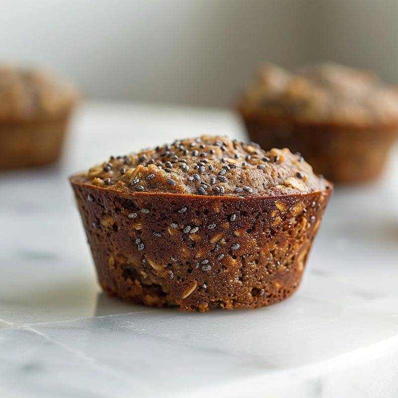 A close-up view of healthy oatmeal chia seed muffins on a white marble surface, showcasing their texture.