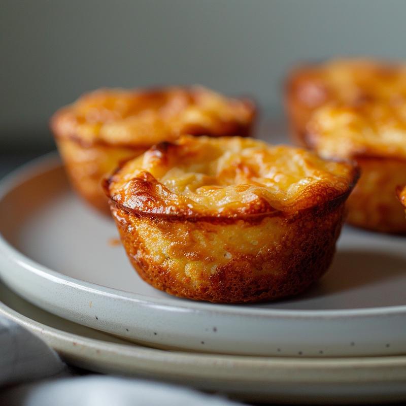 A close-up view of low carb käsekuchen muffins on a light grey ceramic plate.