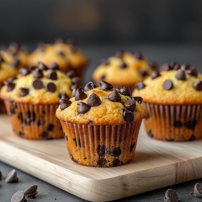 Close-up view of keto chocolate chip muffins on a light wood board, showcasing their texture and chocolate chips.