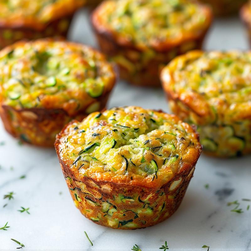Close-up of keto savory zucchini breakfast muffins on a white marble surface.
