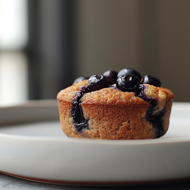 Close-up of a blueberry oatmeal muffin on a grey plate, showcasing its texture and blueberries.