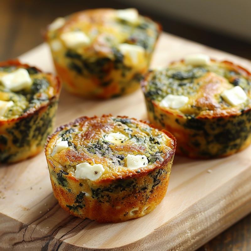 Close-up of keto spinach feta muffins on a wooden board with natural lighting.