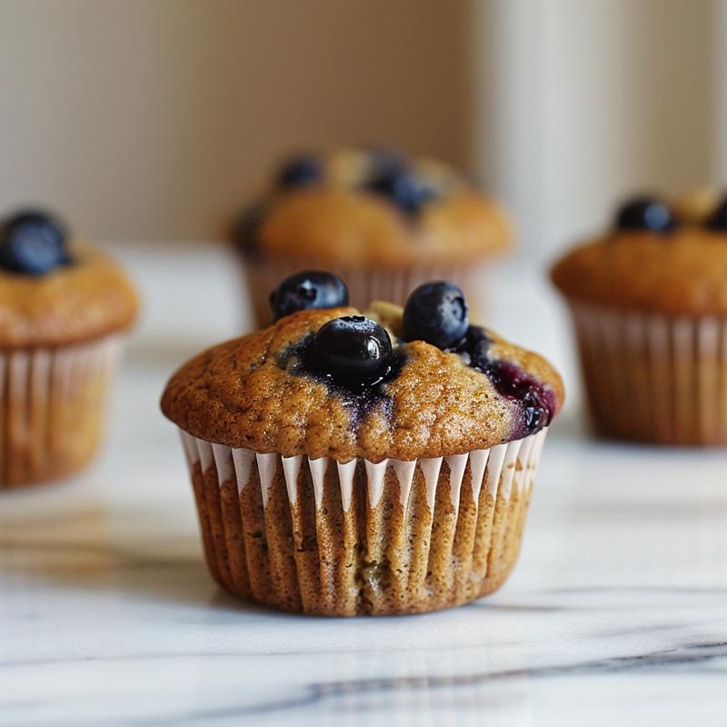 A close-up view of whole wheat blueberry muffins displaying their textured tops and blueberries on a white marble surface.