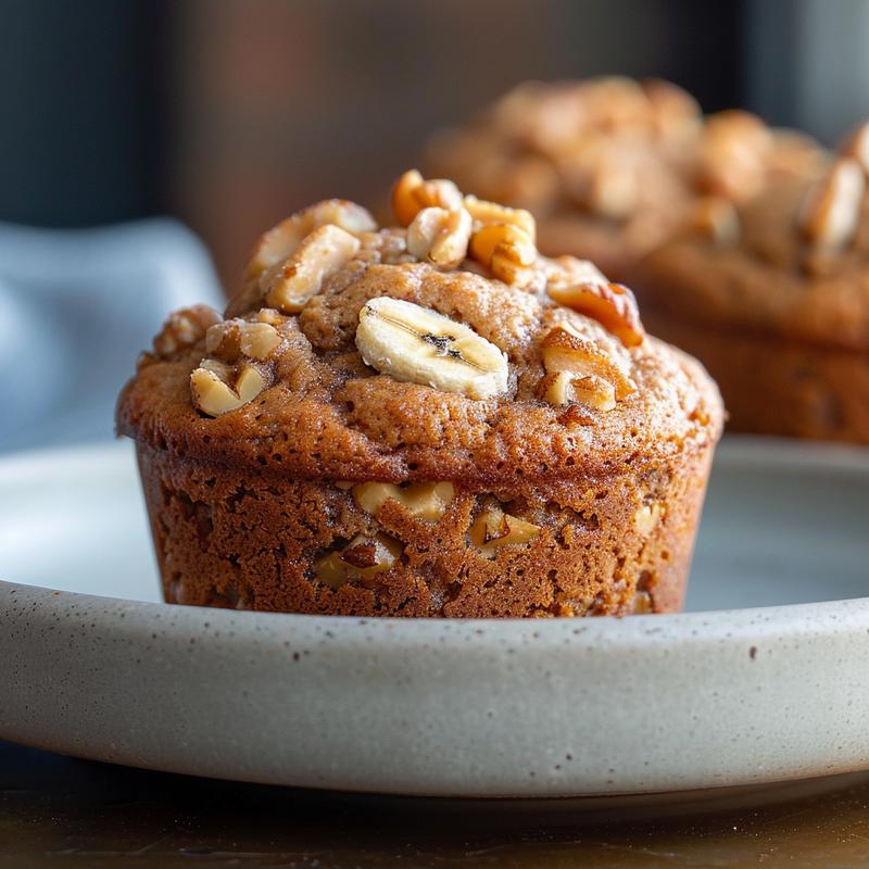 Close-up of whole wheat banana nut muffins on a grey ceramic plate.