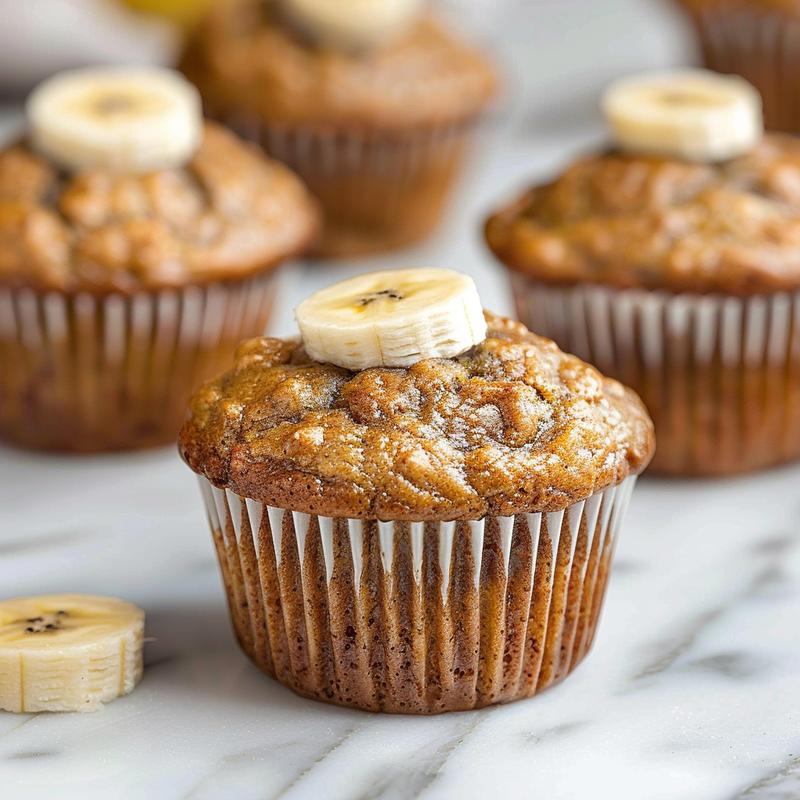 Close-up of moist gluten-free banana muffins on a white marble surface.
