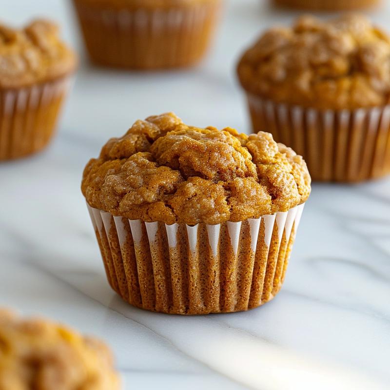Close-up of a gluten-free pumpkin muffin with a textured surface on a white marble background.