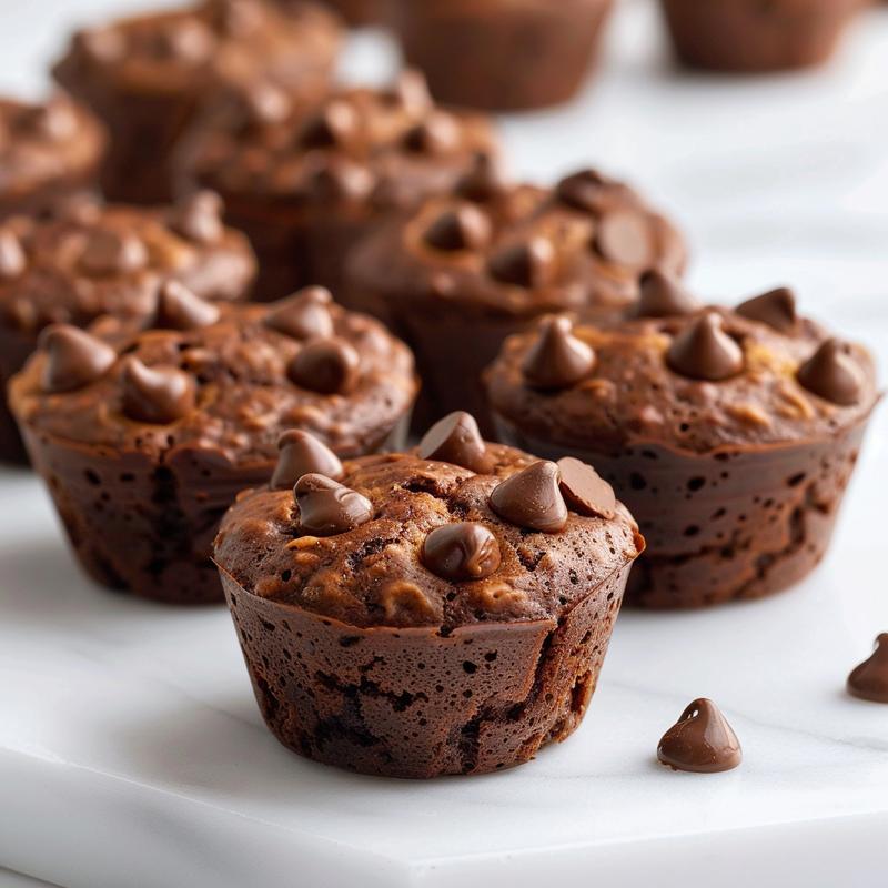 A close-up shot of a healthy chocolate muffin with a rich, textured surface on a white marble background.