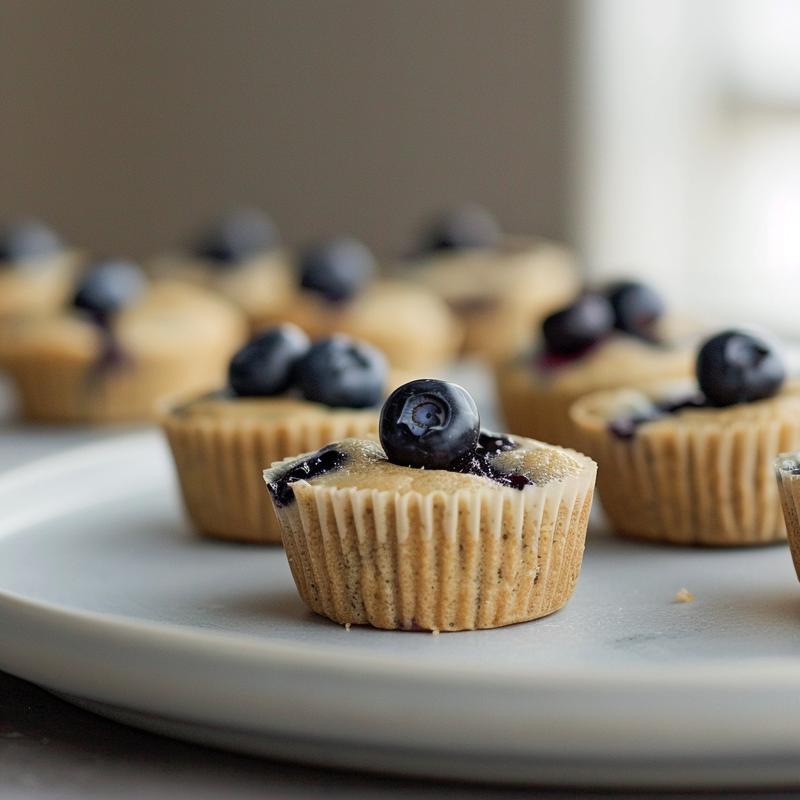 Close-up view of gluten-free blueberry muffins on a light grey ceramic plate.