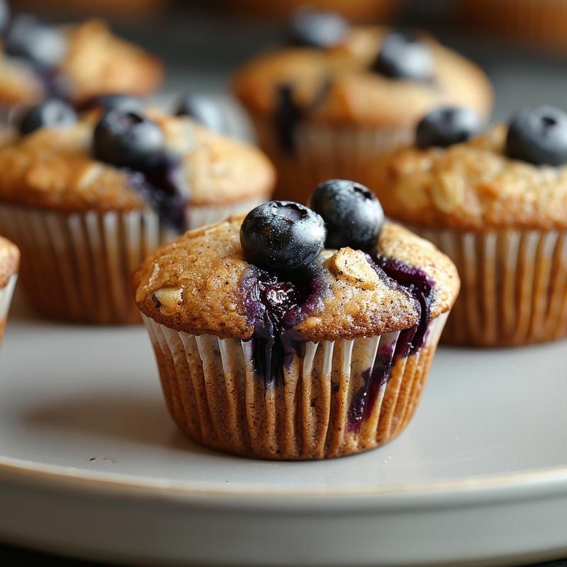 Close-up of moist almond flour blueberry muffins on a light grey plate.
