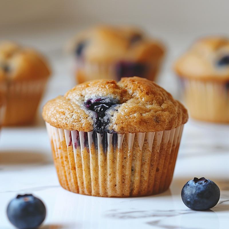 Close-up of a freshly baked blueberry muffin with a golden-brown top and a hint of Greek yogurt texture on a marble surface.