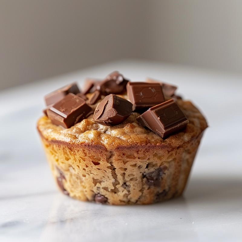 A close-up of banana chocolate chunk muffins on a white marble surface, showcasing their texture and chocolate chunks.