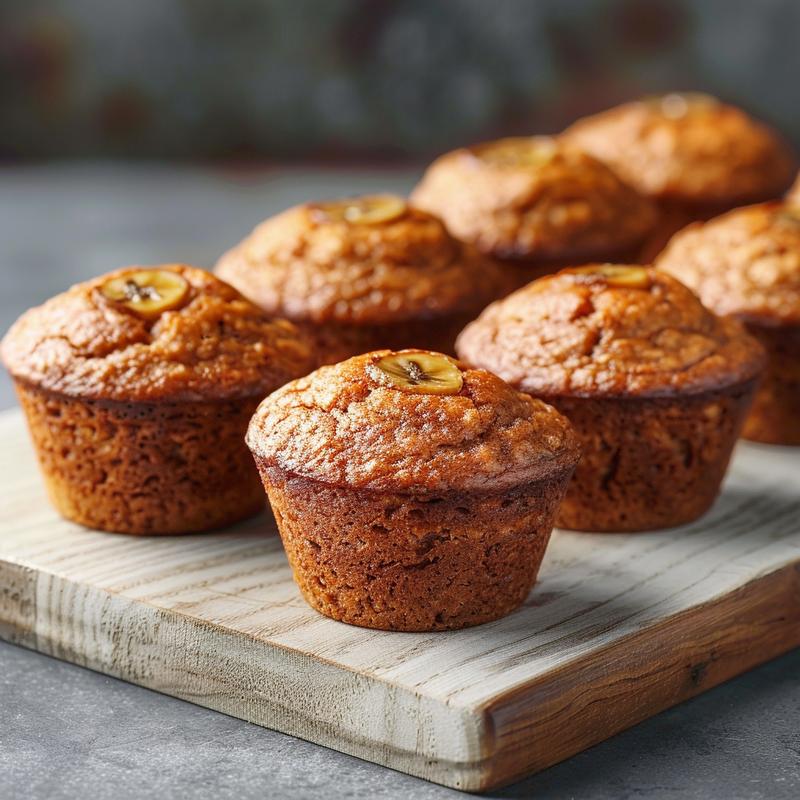Close-up of a golden brown low calorie Greek yogurt banana muffin on a rustic wood board.