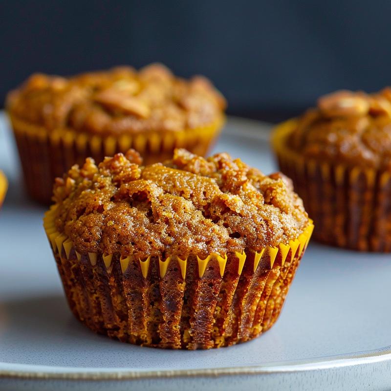 Close-up of healthy pumpkin muffins made with almond flour on a light grey ceramic plate.
