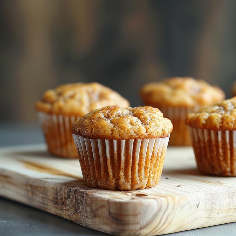 A close-up of fluffy high-protein Greek yogurt muffins on a light wood board, showcasing their texture.